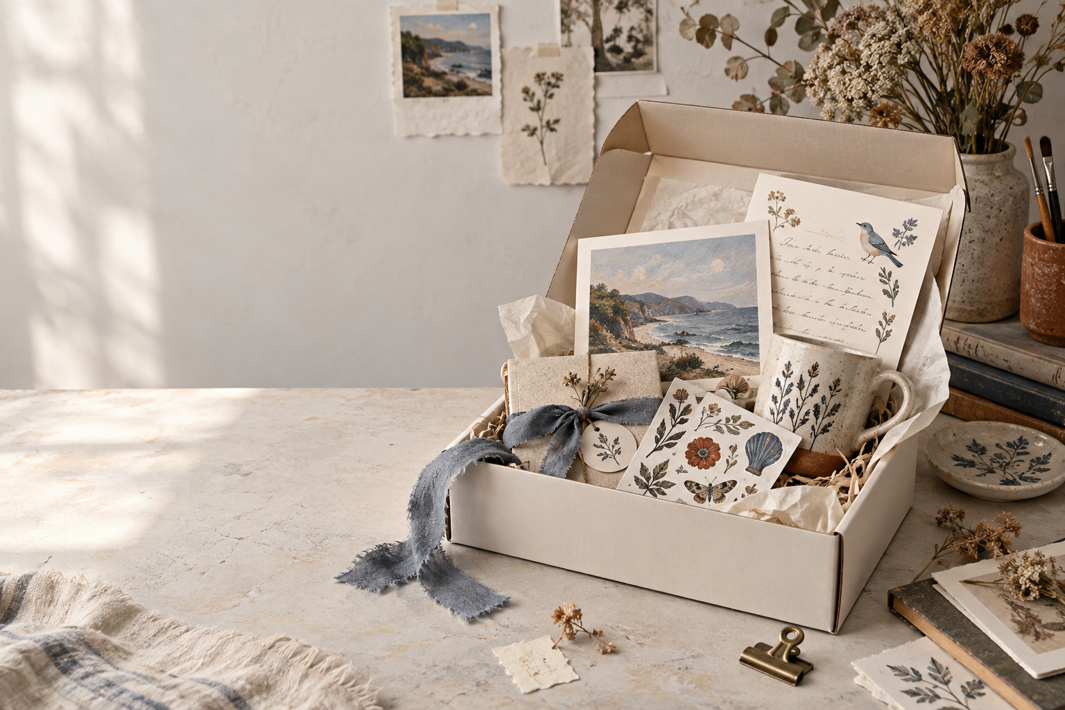 A handmade monthly box with an art print, illustrated letter, stickers and ceramic mug