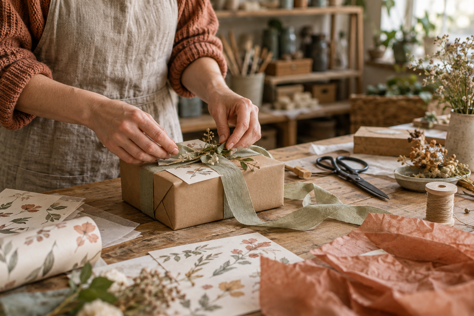 A maker carefully wrapping a parcel at the Little Happy Drop studio